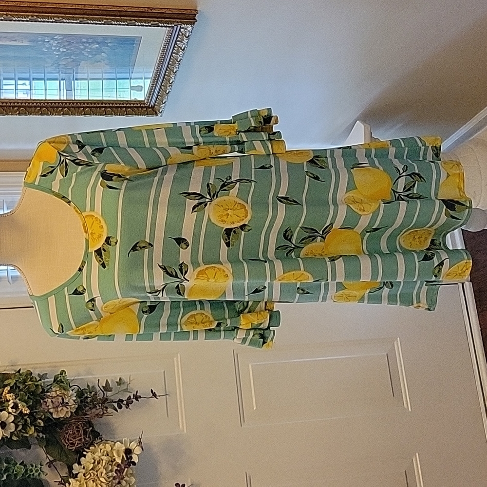 VOLL aqua yellow green white 🍋 print striped dress ruffled half sleeve Lg EUC